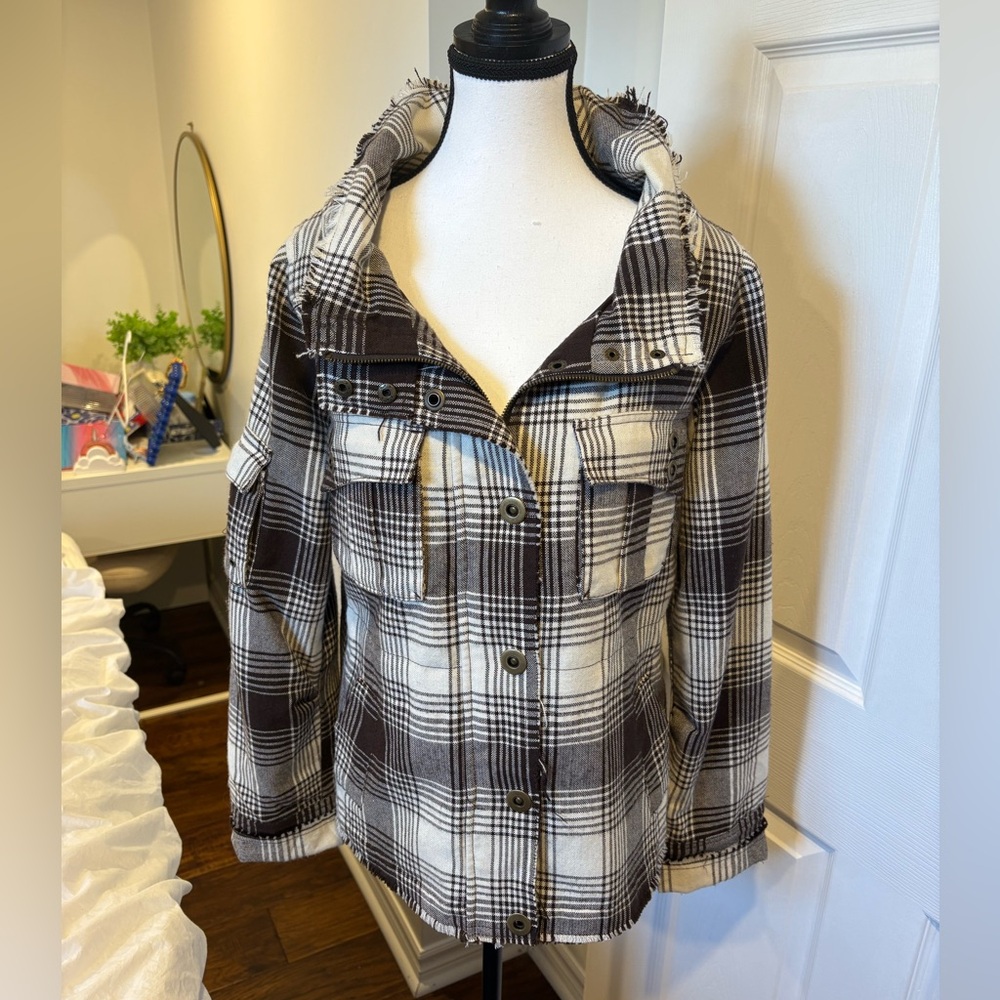 BB Dakota Plaid Wool Blend Shacket Jacket Brown Cream Large